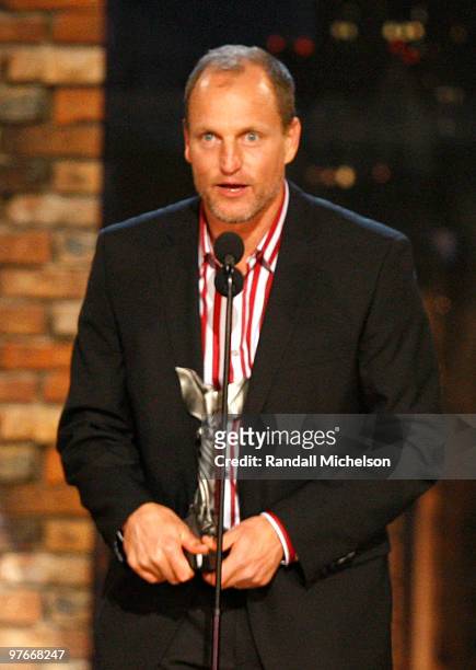 Actor Woody Harrelson accepts an award onstage at the 25th Film Independent Spirit Awards held at Nokia Theatre L.A. Live on March 5, 2010 in Los...