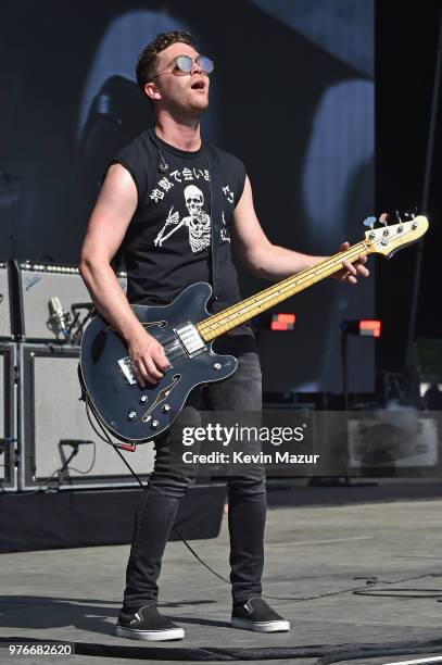 Mike Kerr of Royal Blood performs on the Firefly Stage during the 2018 Firefly Music Festival on June 16, 2018 in Dover, Delaware.