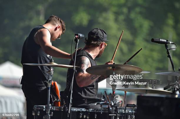 Mike Kerr and Ben Thatcher of Royal Blood perform on the Firefly Stage during the 2018 Firefly Music Festival on June 16, 2018 in Dover, Delaware.