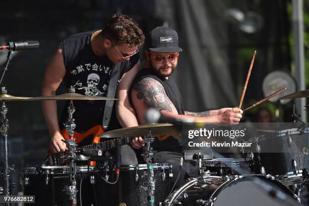 Mike Kerr and Ben Thatcher of Royal Blood perform on the Firefly Stage during the 2018 Firefly Music Festival on June 16, 2018 in Dover, Delaware.