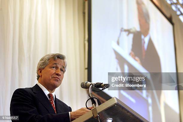 Jamie Dimon, chairman, president and chief executive officer of JPMorgan Chase & Co., speaks at the Stanford Institute for Economic Policy Research...