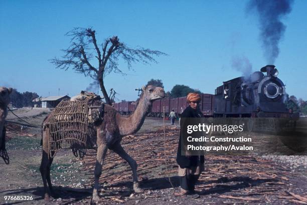 Tribesman with his camel waits to cross the track as a Pakistan Railways inside cylinder British built 0-6-0 passes with a heavy freight train on...