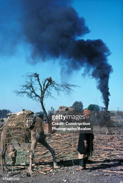 Tribesman with his camel waits to cross the track as a Pakistan Railway's inside cylinder British built 0-6-0 passes with a heavy freight train on...