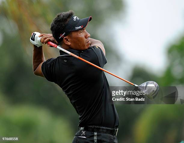 Thongchai Jaidee of Thailand hits from fifth tee box during the second round of the World Golf Championships-CA Championship at Doral Golf Resort and...