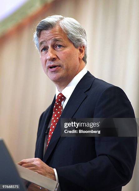 Jamie Dimon, chairman, president and chief executive officer of JPMorgan Chase & Co., speaks at the Stanford Institute for Economic Policy Research...