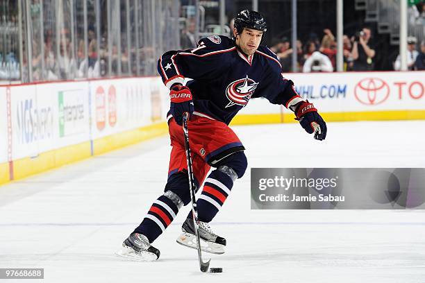 Defenseman Fedor Tyutin of the Columbus Blue Jackets skates with the puck against the Atlanta Thrashers on March 11, 2010 at Nationwide Arena in...