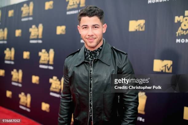 Singer Nick Jonas attends the 2018 MTV Movie And TV Awards at Barker Hangar on June 16, 2018 in Santa Monica, California.