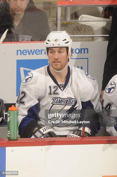 Ryan Malone of the Tampa Bay Lightning looks on during a NHL hockey game against the Washington Capitals on March 4, 2010 at the Verizon Center in...