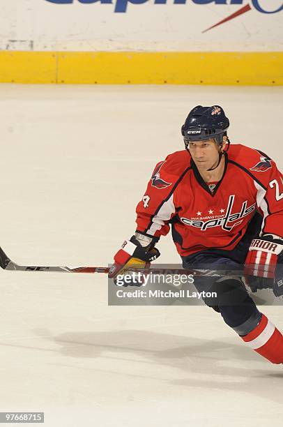 Scott Walker of the Washington Capitals looks on during a NHL hockey game against the Tampa Bay Lightning on March 4, 2010 at the Verizon Center in...