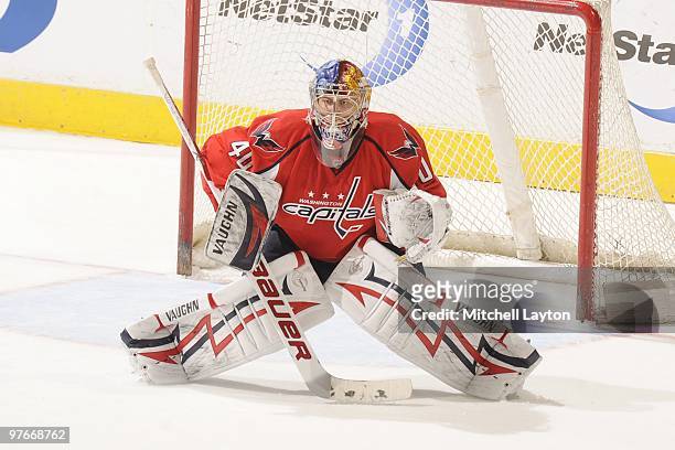 Semyon Varlamov of the Washington Capitals prepares for a shot during a NHL hockey game against the Tampa Bay Lightning on March 4, 2010 at the...