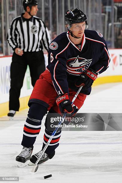 Defenseman Anton Stralman of the Columbus Blue Jackets skates with the puck against the Atlanta Thrashers on March 11, 2010 at Nationwide Arena in...