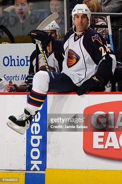 Defenseman Chris Chelios of the Atlanta Thrashers takes the ice for his first shift back in the NHL in a game against the Columbus Blue Jackets on...