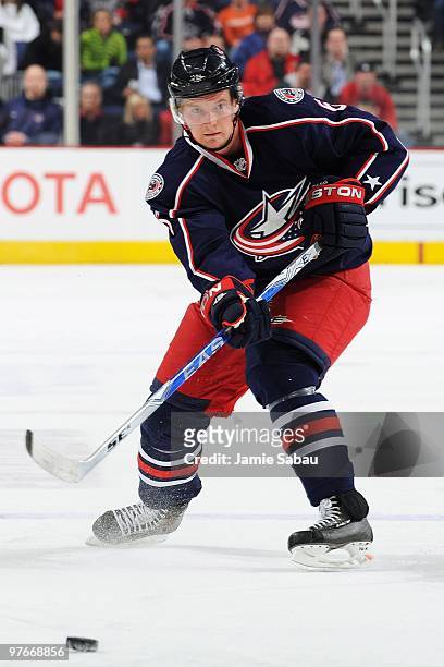 Defenseman Anton Stralman of the Columbus Blue Jackets skates with the puck against the Atlanta Thrashers on March 11, 2010 at Nationwide Arena in...