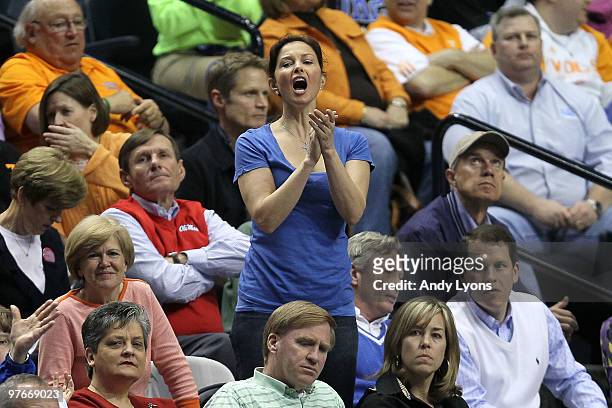 Actress Ashley Judd cheers for the Kentucky Wildcats against the Alabama Crimson Tide during the quarterfinals of the SEC Men's Basketball Tournament...