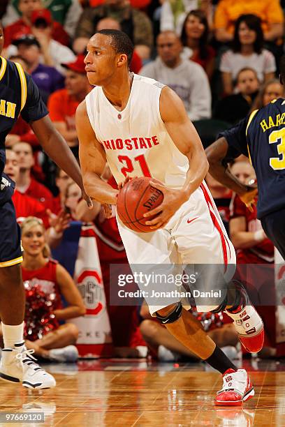 Guard Evan Turner of the Ohio State Buckeyes controls the ball against the Michigan Wolverines during the quarterfinals of the Big Ten Men's...