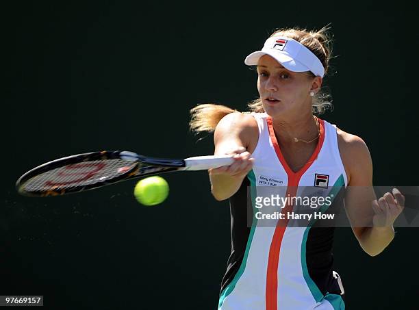 Anna Chakvetadze of Russia hits a forehand in her match against Agnieszka Radwanska of Poland during the BNP Paribas Open at the Indian Wells Tennis...