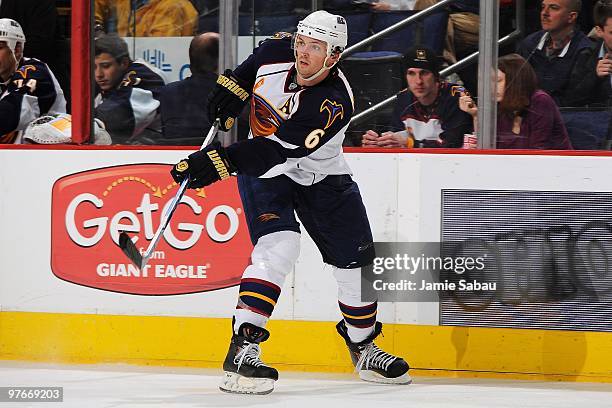 Defenseman Ron Hainsey of the Atlanta Thrashers skates against the Columbus Blue Jackets on March 11, 2010 at Nationwide Arena in Columbus, Ohio.