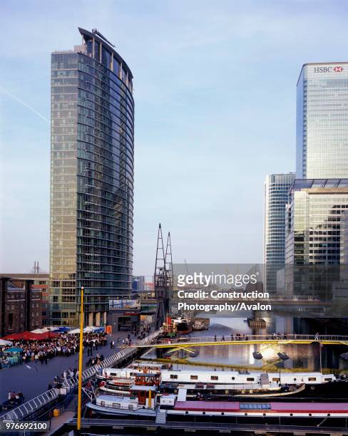 View of Number 1 West India Quay Canary Wharf Docklands area, London United Kingdom, This high rise building was completed in 2003, Floors 1-12 house...