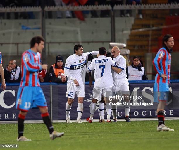 Diego Milito of FC Internazionale Milano celebrates a goal during the Serie A match between Catania Calcio and FC Internazionale Milano at Stadio...