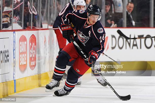 Forward Samuel Pahlsson of the Columbus Blue Jackets skates with the puck against the Atlanta Thrashers on March 11, 2010 at Nationwide Arena in...