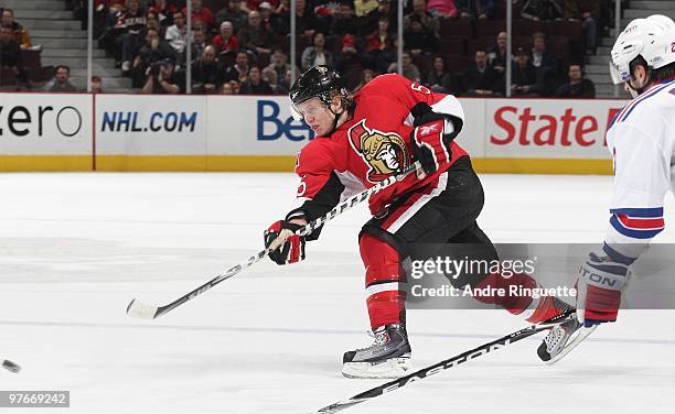 Brian Lee of the Ottawa Senators shoots the puck against the New York Rangers at Scotiabank Place on March 2, 2010 in Ottawa, Ontario, Canada.