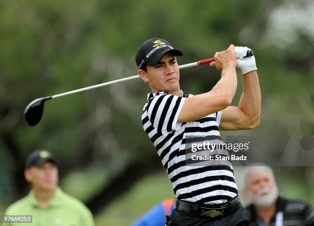 Camilo Villegas of Clombia hits from fifth tee box during the second round of the World Golf Championships-CA Championship at Doral Golf Resort and...
