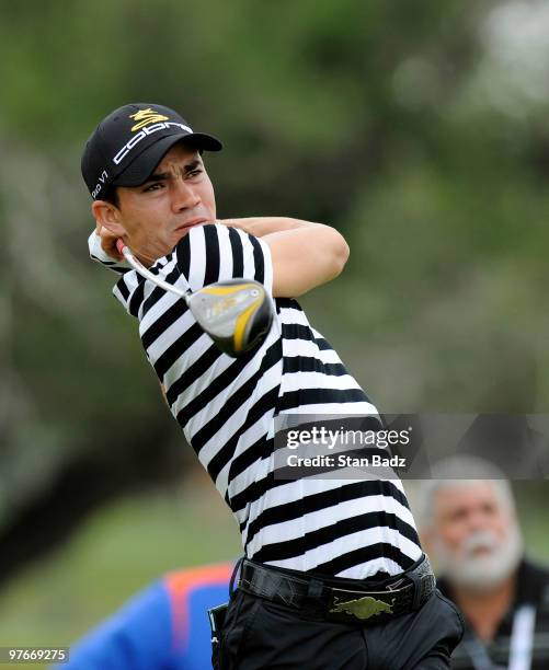 Camilo Villegas of Clombia hits from fifth tee box during the second round of the World Golf Championships-CA Championship at Doral Golf Resort and...