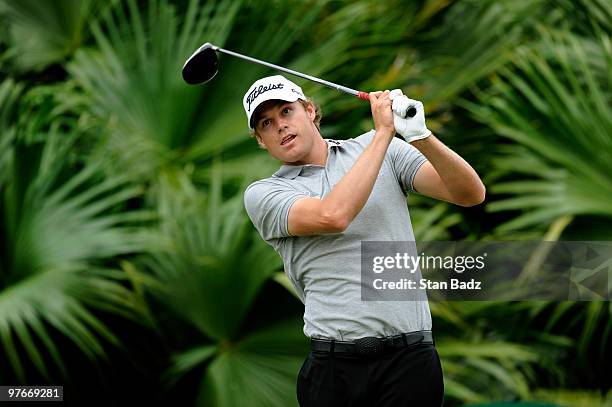 Nick Watney hits from the eighth tee box during the second round of the World Golf Championships-CA Championship at Doral Golf Resort and Spa on...