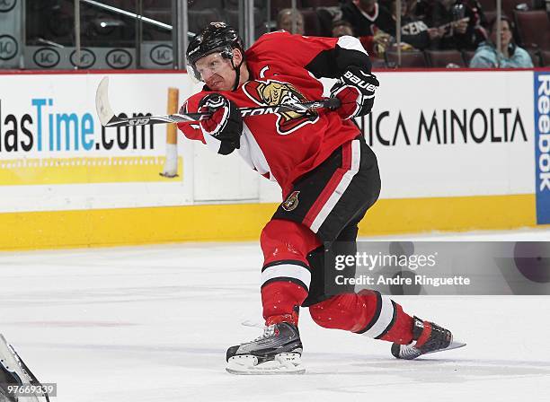 Daniel Alfredsson of the Ottawa Senators follows through on a slapshot against the New York Rangers at Scotiabank Place on March 2, 2010 in Ottawa,...