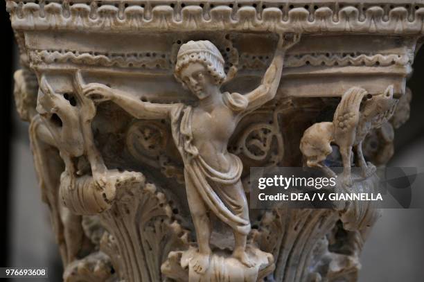Caryatids and griffins, decoration on a capital of the ambo, cathedral of Sessa Aurunca, Campania, Italy, 13th century.