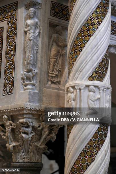 Reliefs and decorations of the ambo , the column of the Easter candle , cathedral of Sessa Aurunca, Campania, Italy, 13th century.