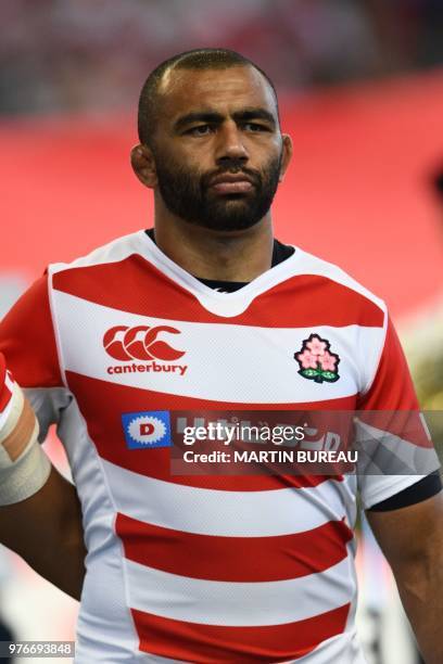 Japan's flanker Michael Leitch poses during the anthems prior the rugby union Test match between Japan and Italy at Noevir Stadium in Kobe on June 16...