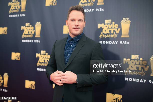 Chris Pratt attends the 2018 MTV Movie And TV Awards at Barker Hangar on June 16, 2018 in Santa Monica, California.