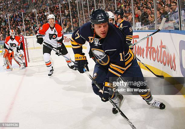 Raffi Torres of the Buffalo Sabres skates with the puck against the Philadelphia Flyers on March 5, 2010 at HSBC Arena in Buffalo, New York.