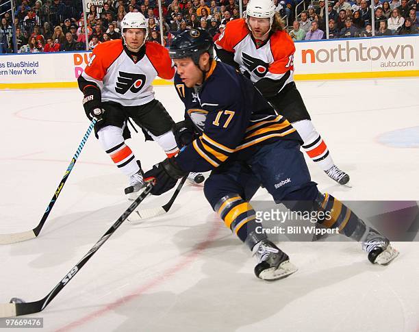 Raffi Torres of the Buffalo Sabres skates with the puck against the Philadelphia Flyers on March 5, 2010 at HSBC Arena in Buffalo, New York.