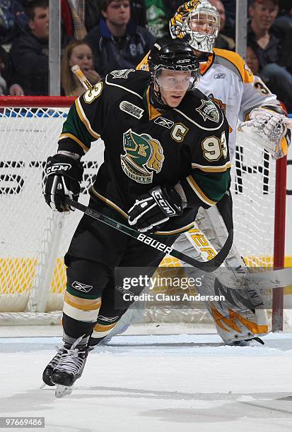 Justin Taylor of the London Knights skates in a game against the Sarnia Sting on March 10, 2010 at the John Labatt Centre in London, Ontario. The...