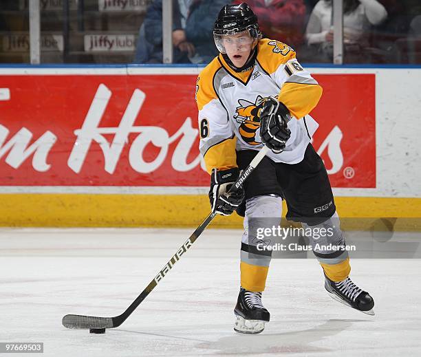 Craig Hottot of the Sarnia Sting gets set to fire a pass in a game against the London Knights on March 10, 2010 at the John Labatt Centre in London,...