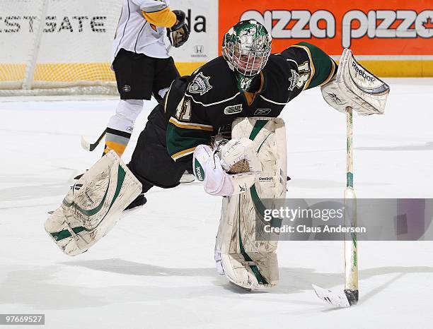 Michael Hutchinson of the London Knights races to the bench on a delayed penalty call in a game against the Sarnia Sting on March 10, 2010 at the...