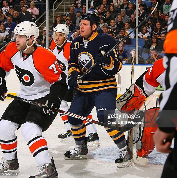 Raffi Torres of the Buffalo Sabres battles for position against the Philadelphia Flyers on March 5, 2010 at HSBC Arena in Buffalo, New York.