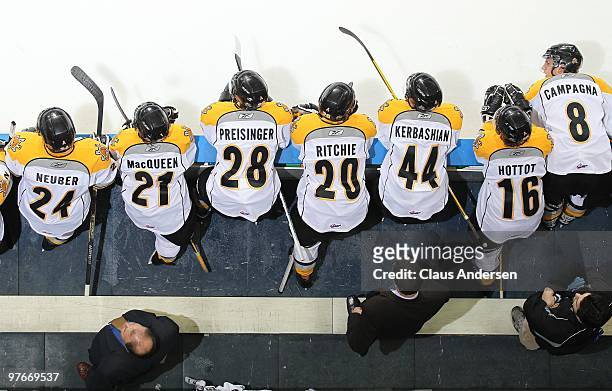 An overview of the Sarnia Sting bench in a game against the London Knights on March 10, 2010 at the John Labatt Centre in London, Ontario. The...