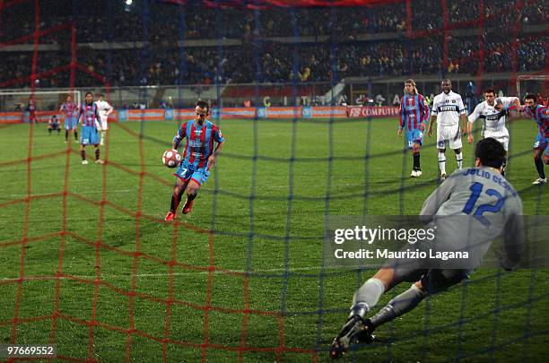 Giuseppe Mascara of Catania Calcio scores a penalty during the Serie A match between Catania Calcio and FC Internazionale Milano at Stadio Angelo...