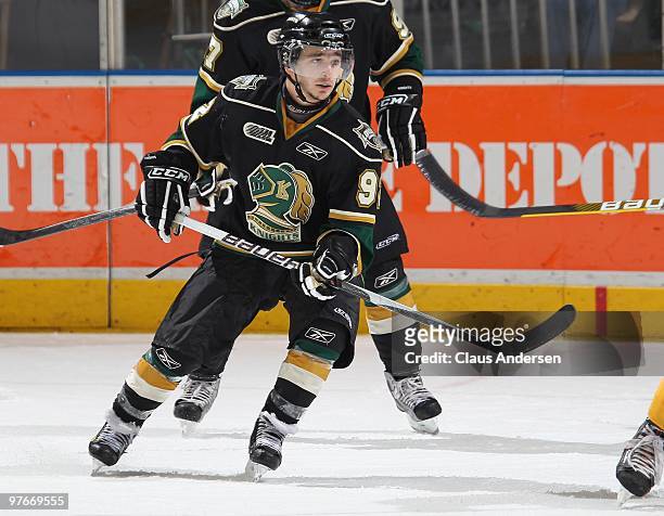 Daniel Erlich of the London Knights skates in a game against the Sarnia Sting on March 10, 2010 at the John Labatt Centre in London, Ontario. The...