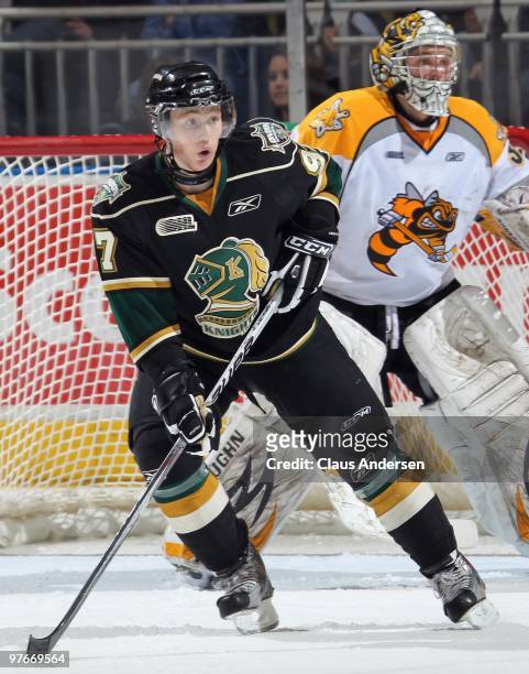 Jared Knight of the London Knights looks for a pass in a game against the Sarnia Sting on March 10, 2010 at the John Labatt Centre in London,...