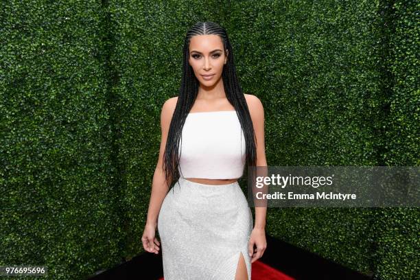 Personality Kim Kardashian attends the 2018 MTV Movie And TV Awards at Barker Hangar on June 16, 2018 in Santa Monica, California.