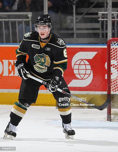 Scott Harrington of the London Knights waits for a pass in a game against the Sarnia Sting on March 10, 2010 at the John Labatt Centre in London,...