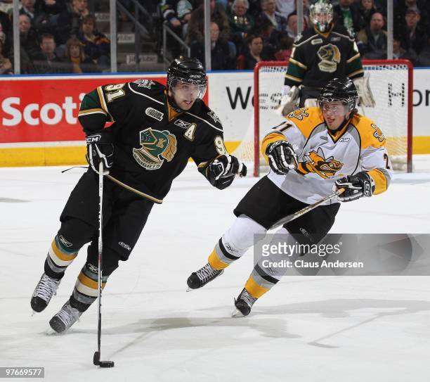 Nazem Kadri of the London Knights skates away from Zack McQueen of the Sarnia Sting in a game on March 10, 2010 at the John Labatt Centre in London,...