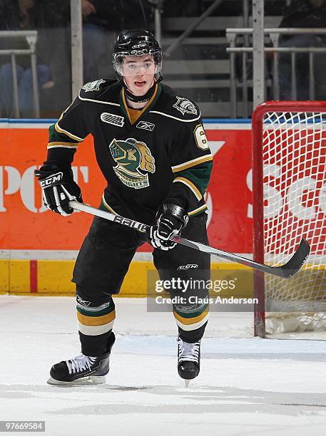 Scott Harrington of the London Knights waits for a pass in a game against the Sarnia Sting on March 10, 2010 at the John Labatt Centre in London,...