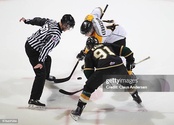 Nazem Kadri of the London Knights takes a faceoff against Kale Kerbashian of the Sarnia Sting in a game on March 10, 2010 at the John Labatt Centre...