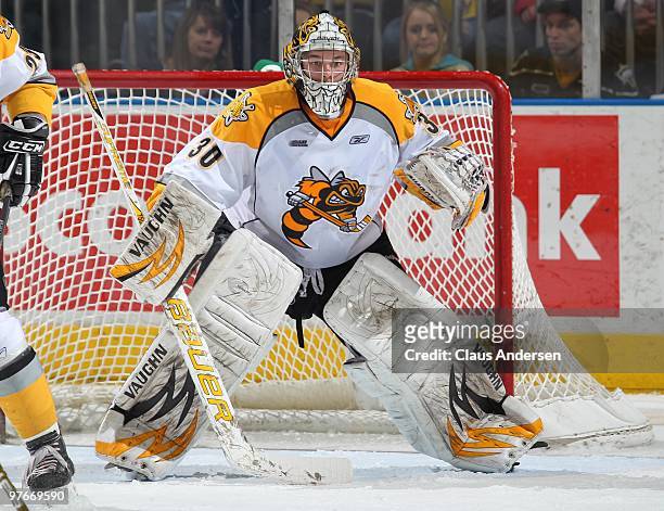 Shayne Campbell of the Sarnia Sting watches for a shot in a game against the London Knights on March 10, 2010 at the John Labatt Centre in London,...