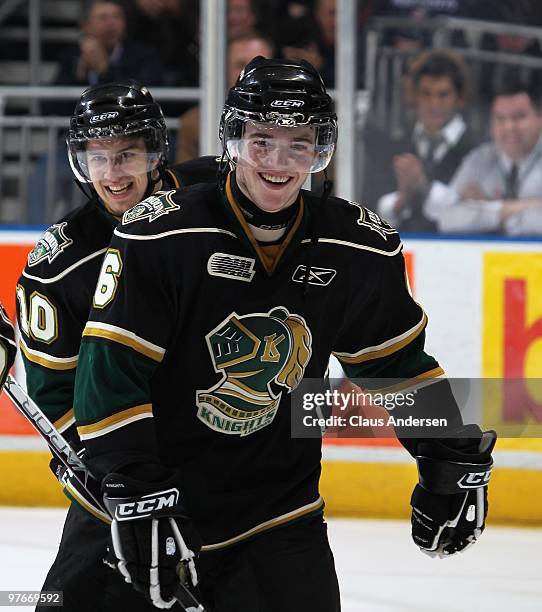 Scott Harrington of the London Knights is all smiles after scoring his 1st OHL goal in a game against the Sarnia Sting on March 10, 2010 at the John...